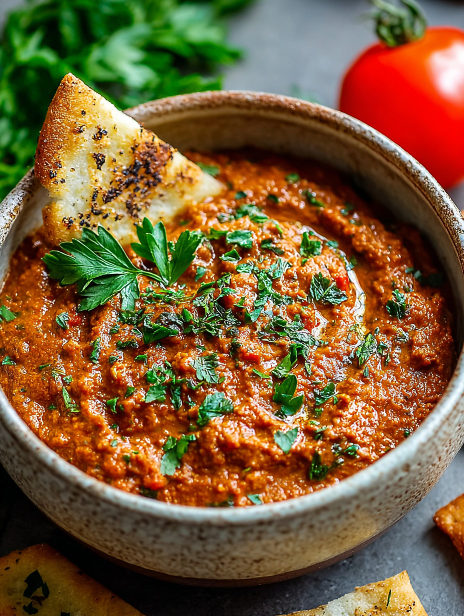 Ein Glas mit einer Tomaten-basierten Suppe, die mit Zwiebeln und Parsley garniert ist.