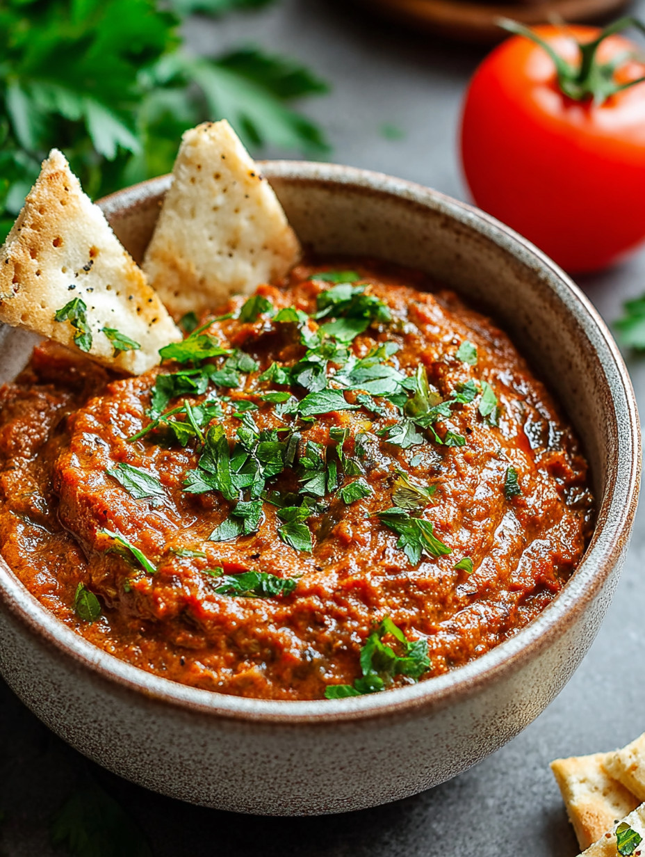 Ein Glas mit einer Tomatensoße, die mit grünen Zutaten garniert ist.