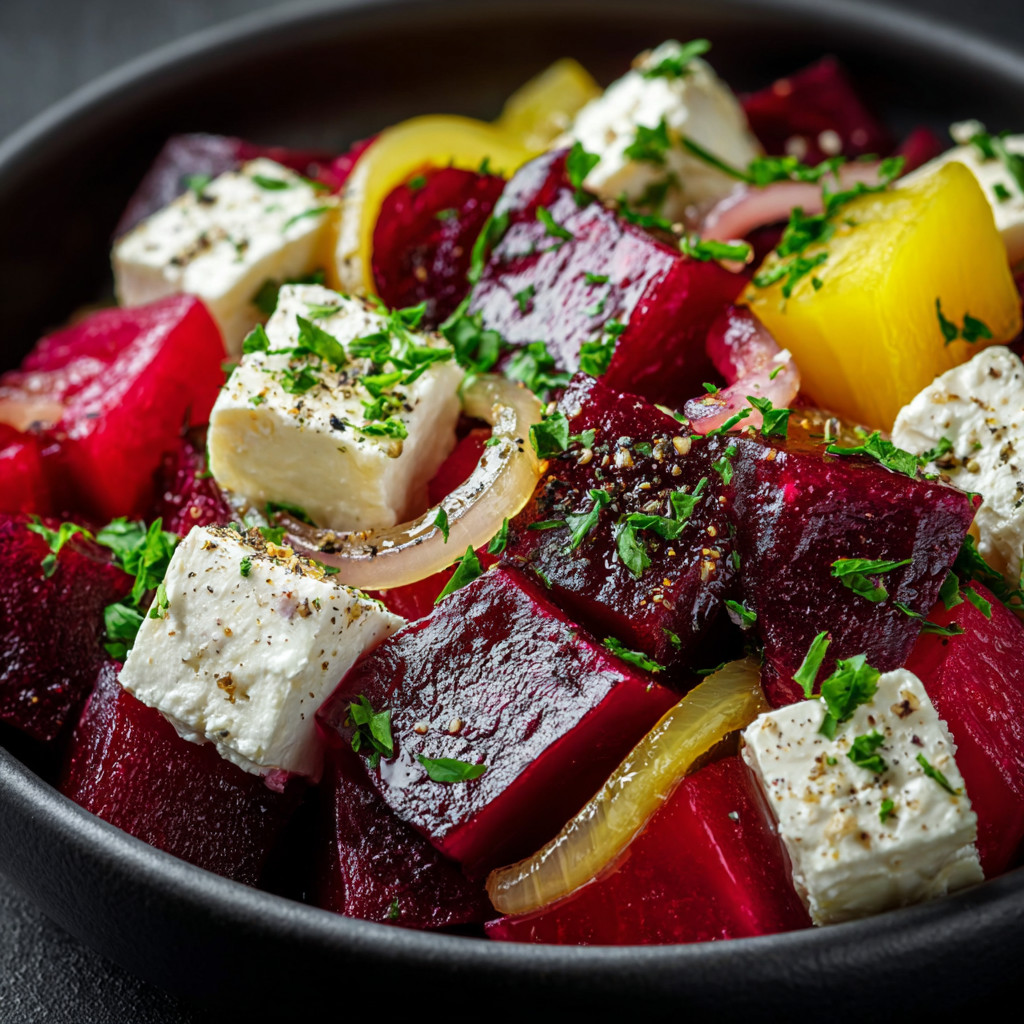 Ein schwarzes Becken mit einer Mischung aus Käse, Zwiebeln und Beeren.