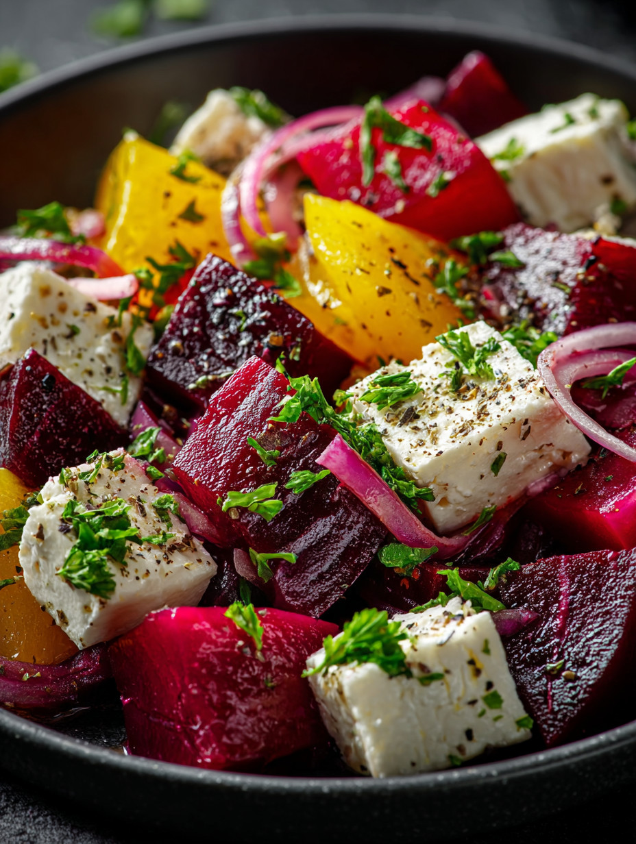 Eine Schüssel mit einer Mischung aus Beeren, Zwiebeln und Käse.
