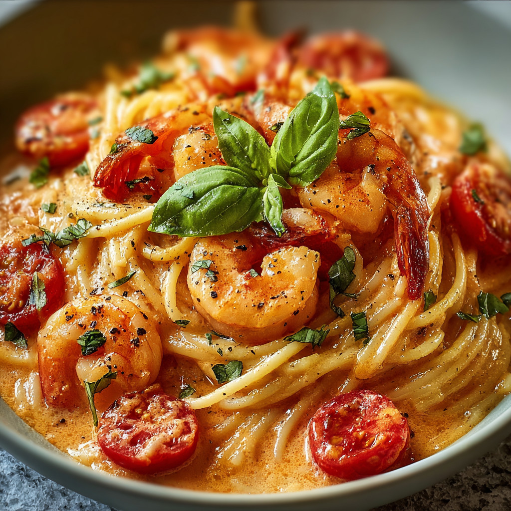 Ein Schmelztopf mit Pasta, Tomaten, Basilikum und Shrimp.