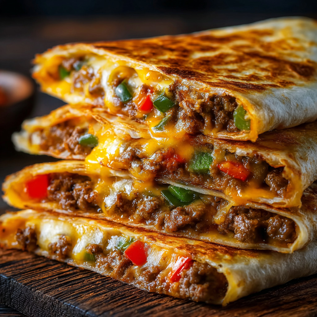 Eine Schicht aus Käse und Rindfleisch auf einem Teller.