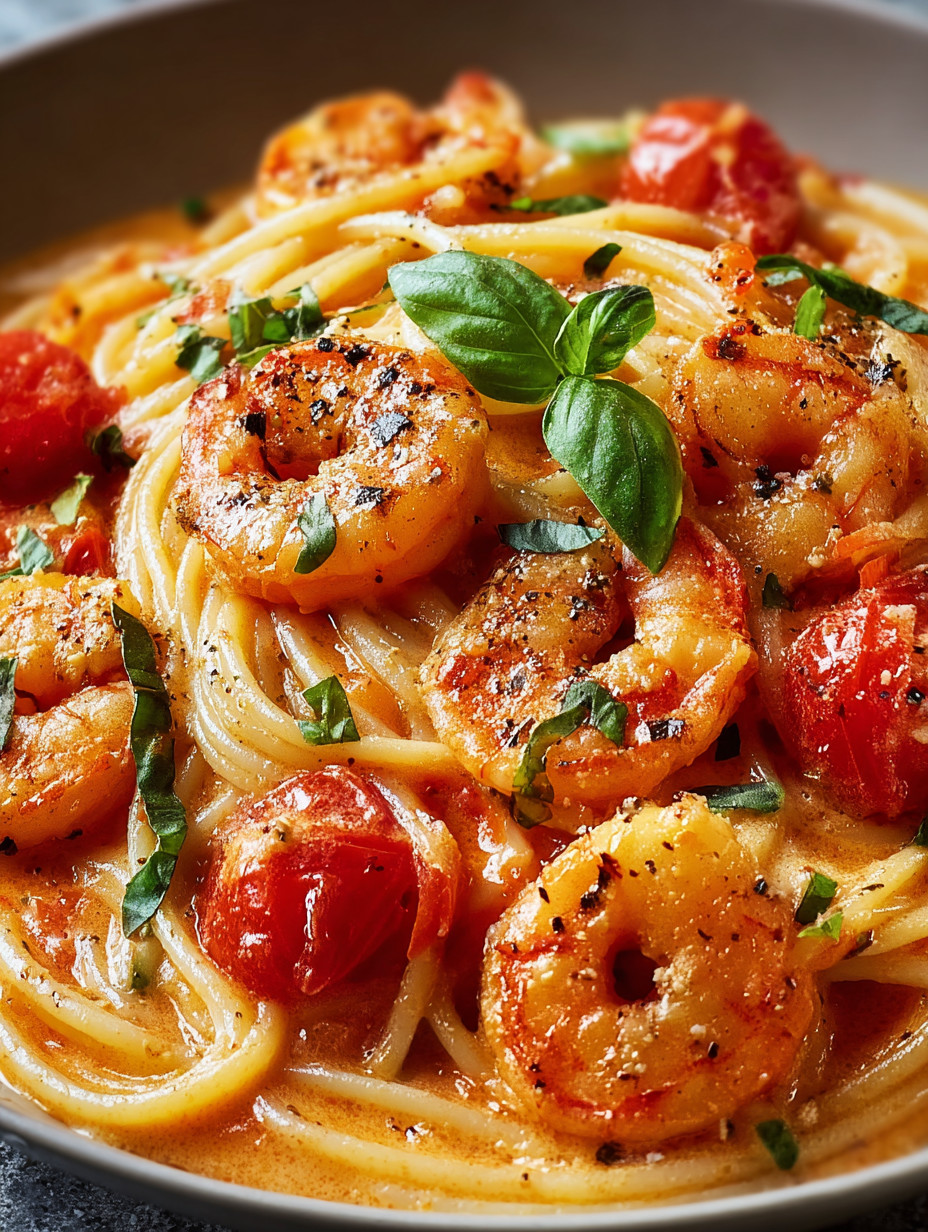 Eine Schüssel mit Pasta, Tomaten, Shrimp und Basilikum.