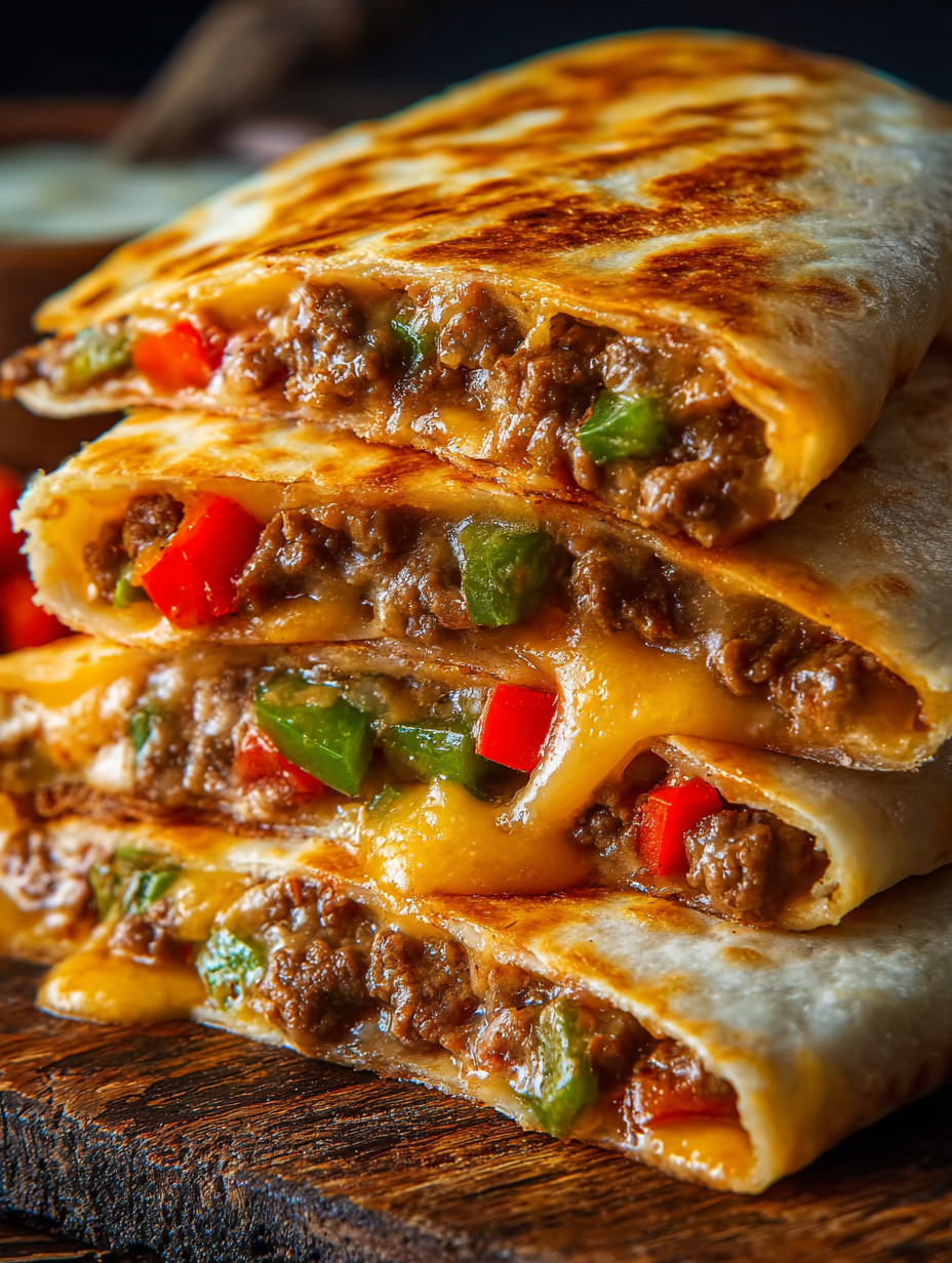 Eine Schicht aus Käse und Rindfleisch auf einer Tortilla.