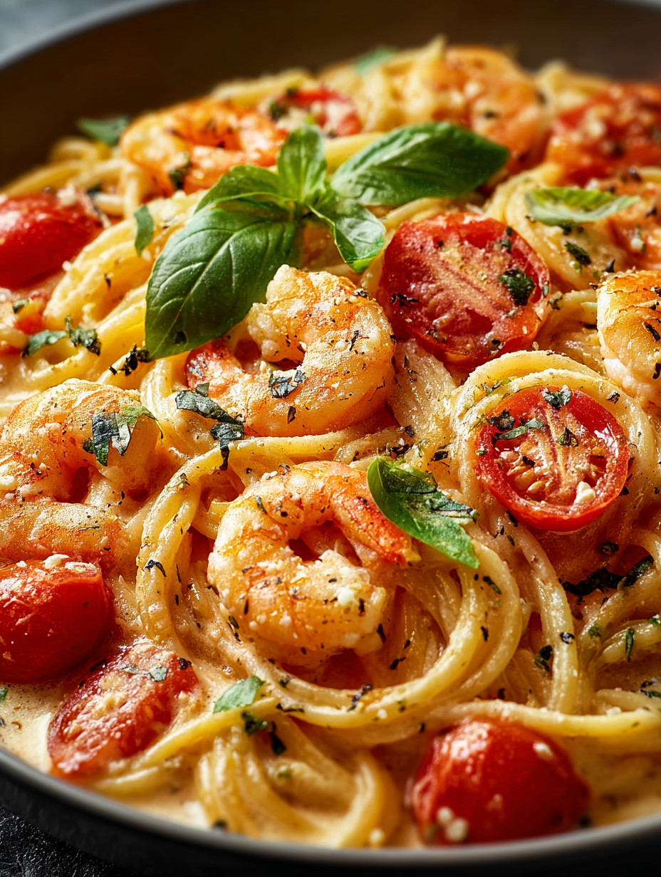 Eine Schüssel mit Pasta, Tomaten, Basilikum und Shrimp.