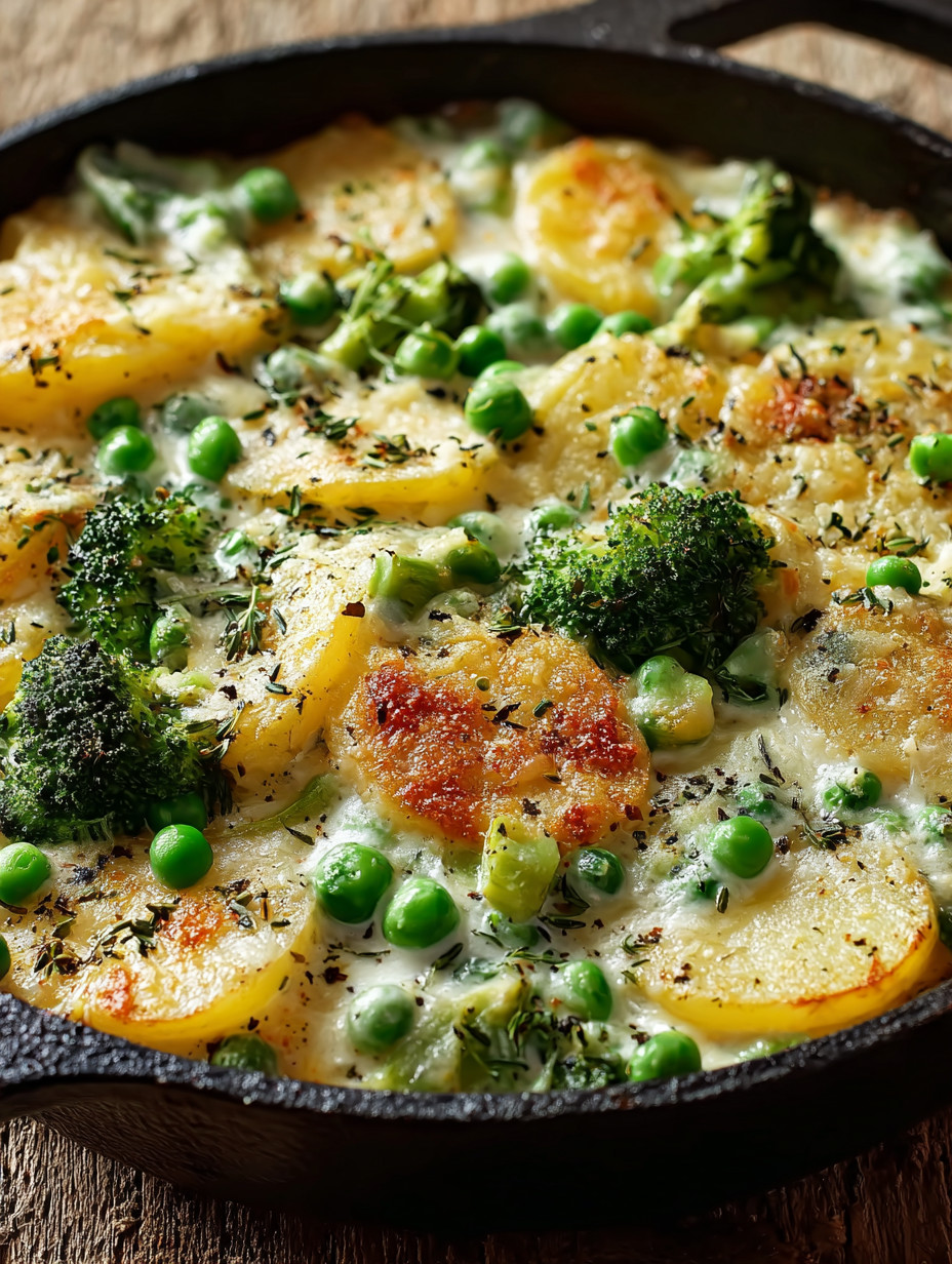 Eine Tasse mit einer Mischung aus Kartoffeln, Broccoli und Peas.
