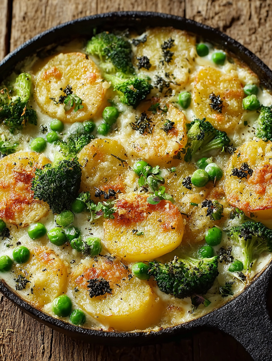 Eine Schüssel mit einer Mischung aus Kartoffeln, Broccoli und Peas.