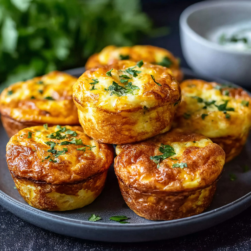 Ein Plate mit sechs quadratischen, mit Zwiebeln und Käse gefüllten Muffins.