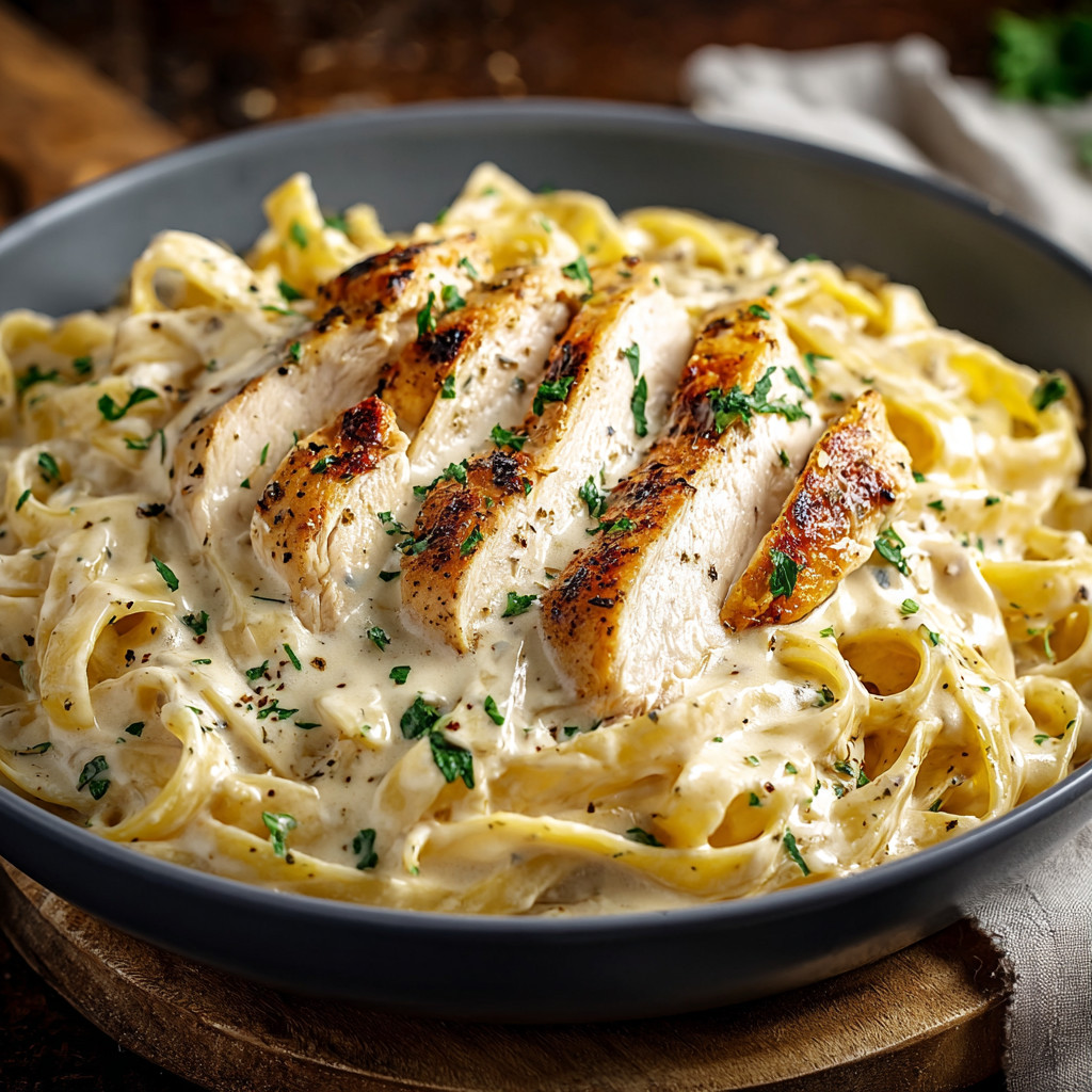 Ein Schüssel mit Pasta und Chicken.