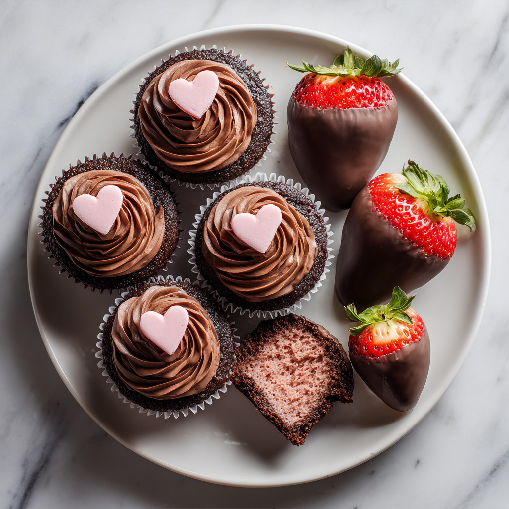 Eine Platte mit Schokoladenkuchen, Schokoladenkugeln und Strawberries.