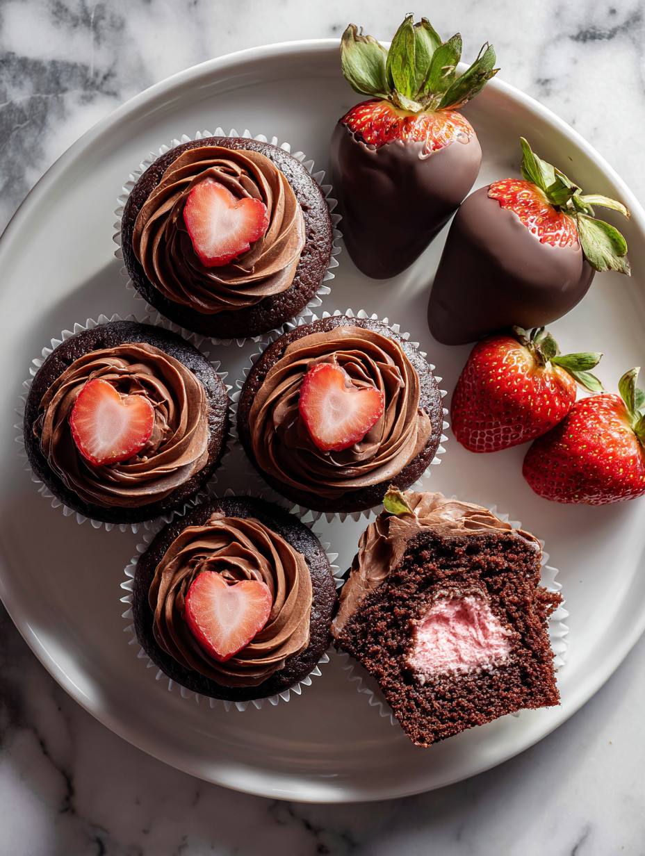 Eine Platte mit verschiedenen Schokoladenkuchen, darunter eine mit Schokoladenglasur und Schokoladencupcakes, sowie Strawberries.