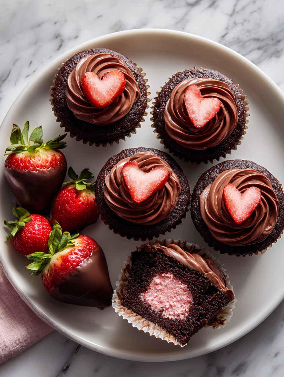 Eine Platte mit Schokoladenkuchen, Strawberries, Chocolatendrops und Schokoladensternchen.