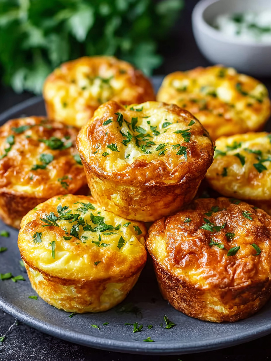 Ein Plate mit sechs Muffins, die mit Zwiebeln und Käse gefüllt sind.