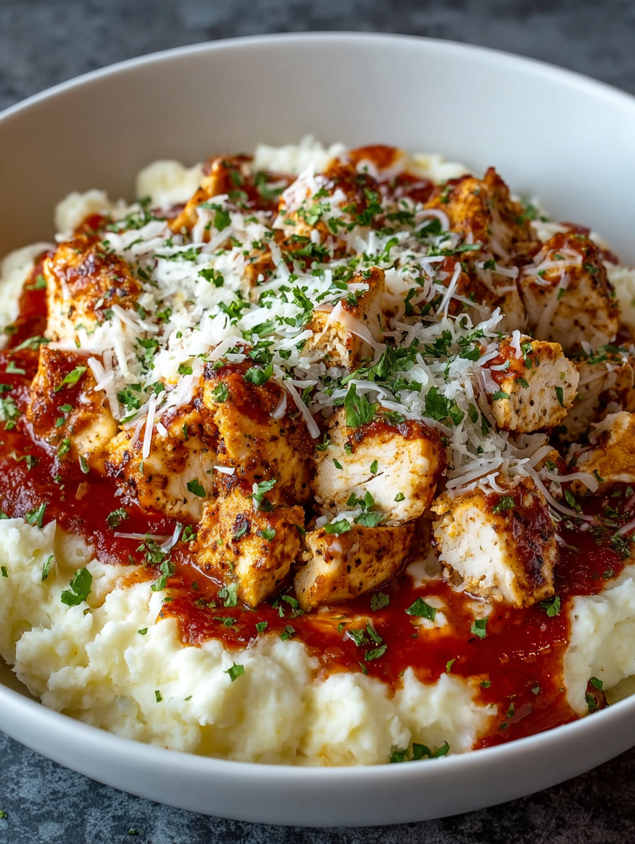 Ein Schüssel mit Kartoffeln und Zwiebeln, die mit Sauce bedeckt sind.