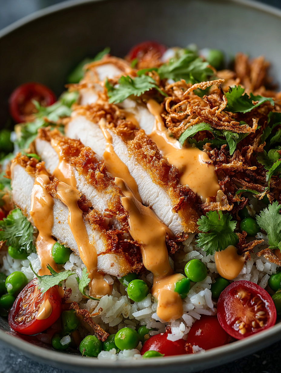 Ein Bild von einer Rice-Gerichte mit Chicken, Tomaten, Peas, Onions und Zwiebeln.