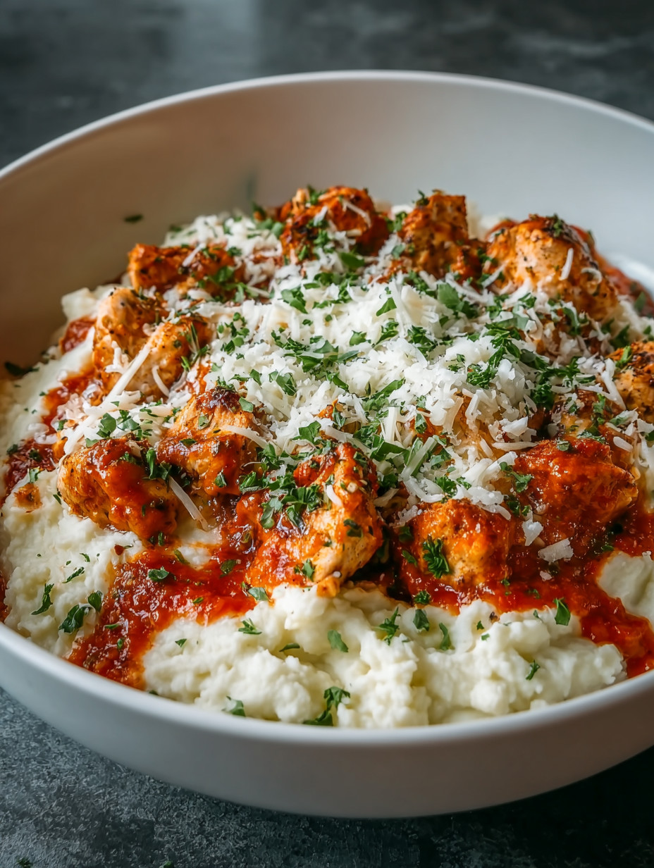 Ein weißer Teller mit einer Mischung aus Rindfleisch, Sauce und Käse.