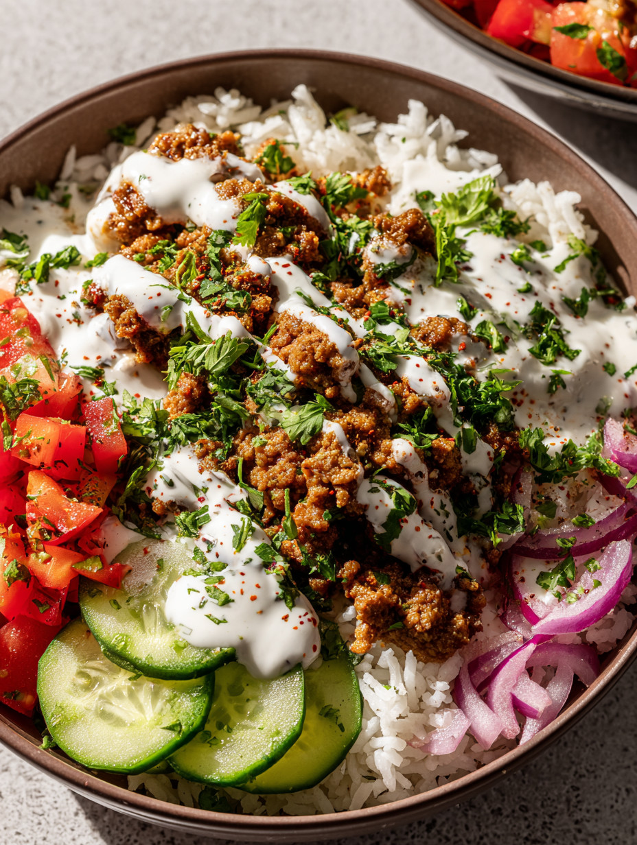 Ein Schälchen mit Rice, Käse, Zwiebeln, Tomaten und Zucchini.