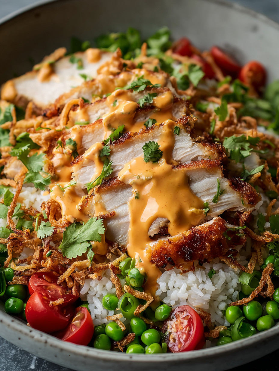 Ein Bild von einer Rice-Garnitur mit gegrilltem Fleisch, Tomaten, Peas, Zwiebeln und einer Sauce.