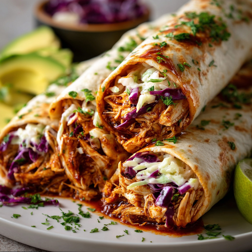 Ein weißer Teller mit einer halben Chicken-Taco und einer Garnitur aus Avocado und Lime.