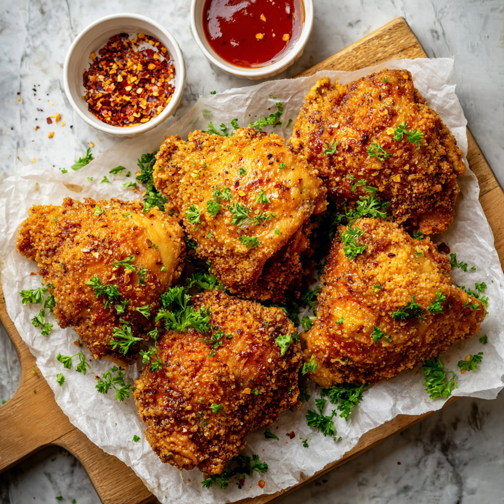 Ein Brett mit frisch zubereiteten Chicken-Streifen auf einem Tisch.