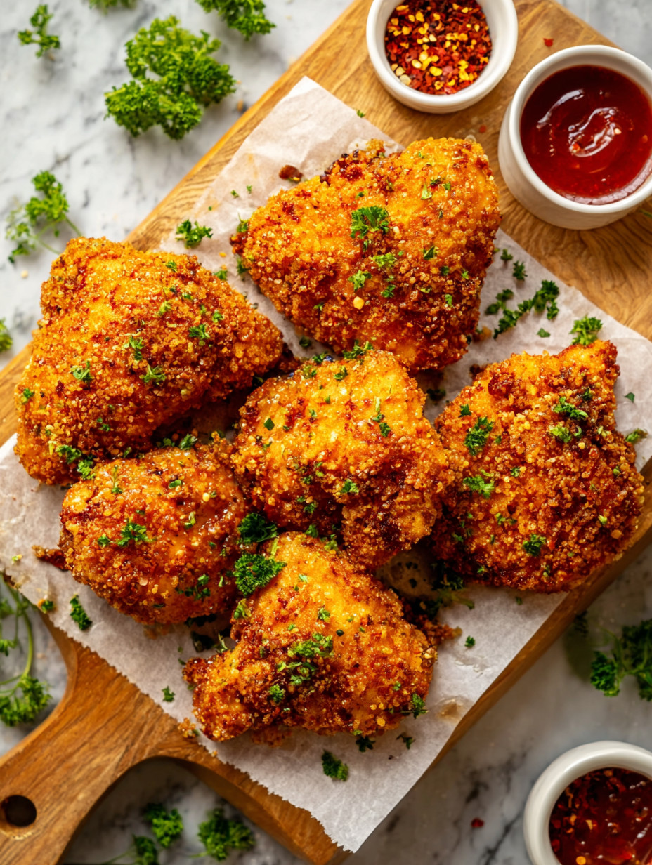 Ein Holzbrett mit frisch zubereiteten, knusprigen Chicken-Streifen, die in einer Sauce serviert werden.