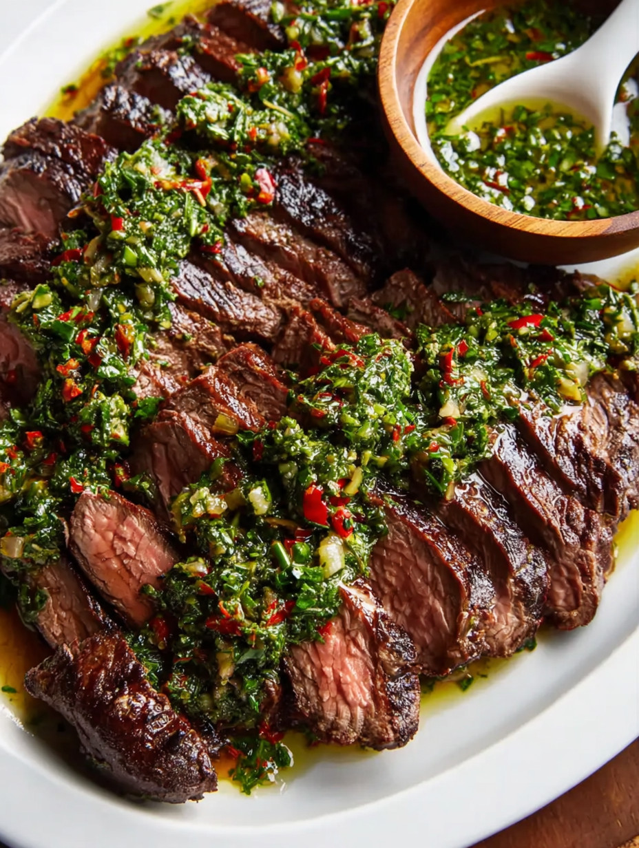 Rindersteak mit grüner Sauce auf einem Teller.