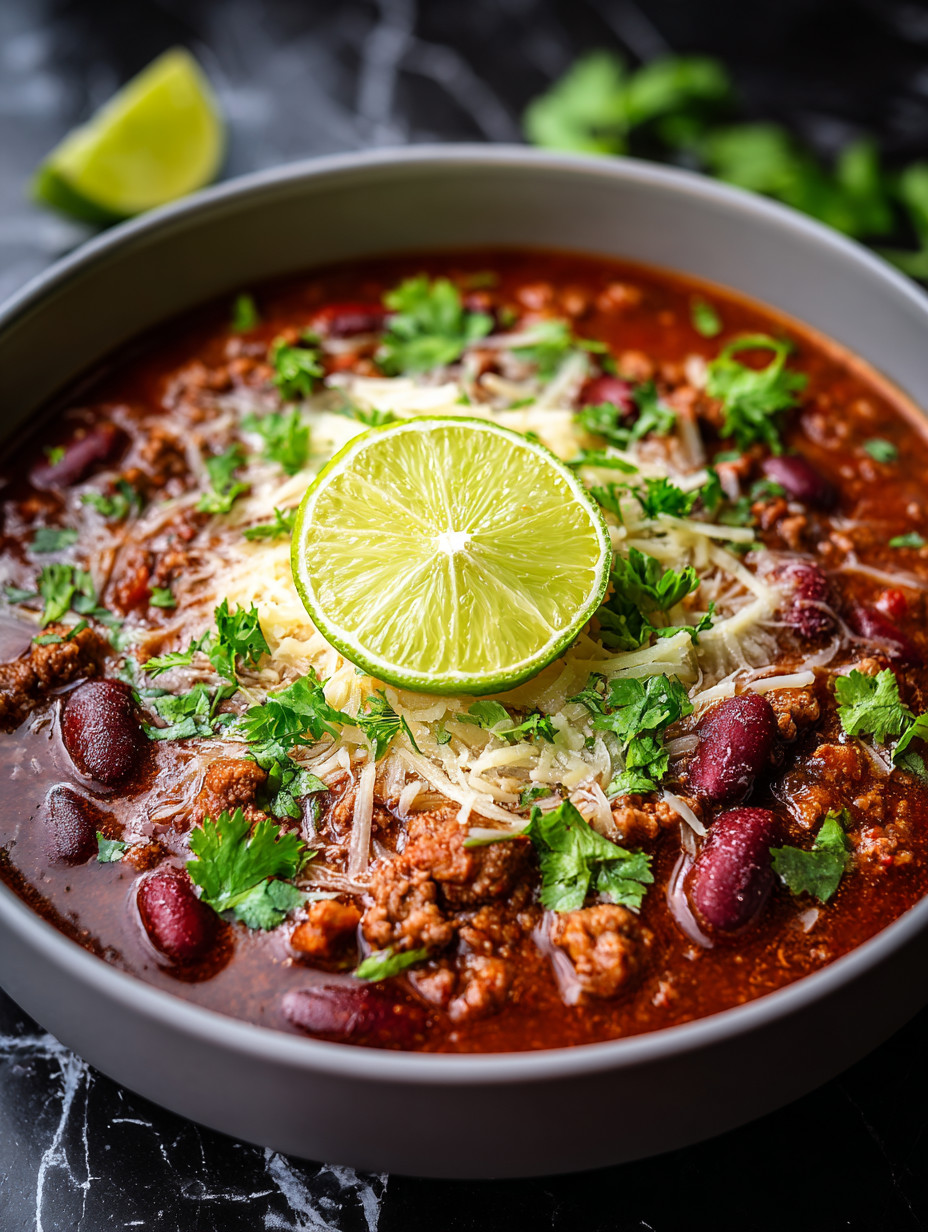 Ein Schälchen mit Chili und Käse, garniert mit einer Zitrone.
