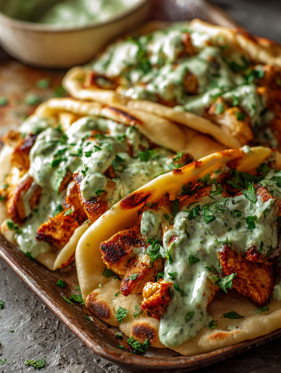 Ein prägnantes Bildbeschreibungstext auf Deutsch lautet: "Ein Taco mit Chicken und Tzatziki-Dressing.