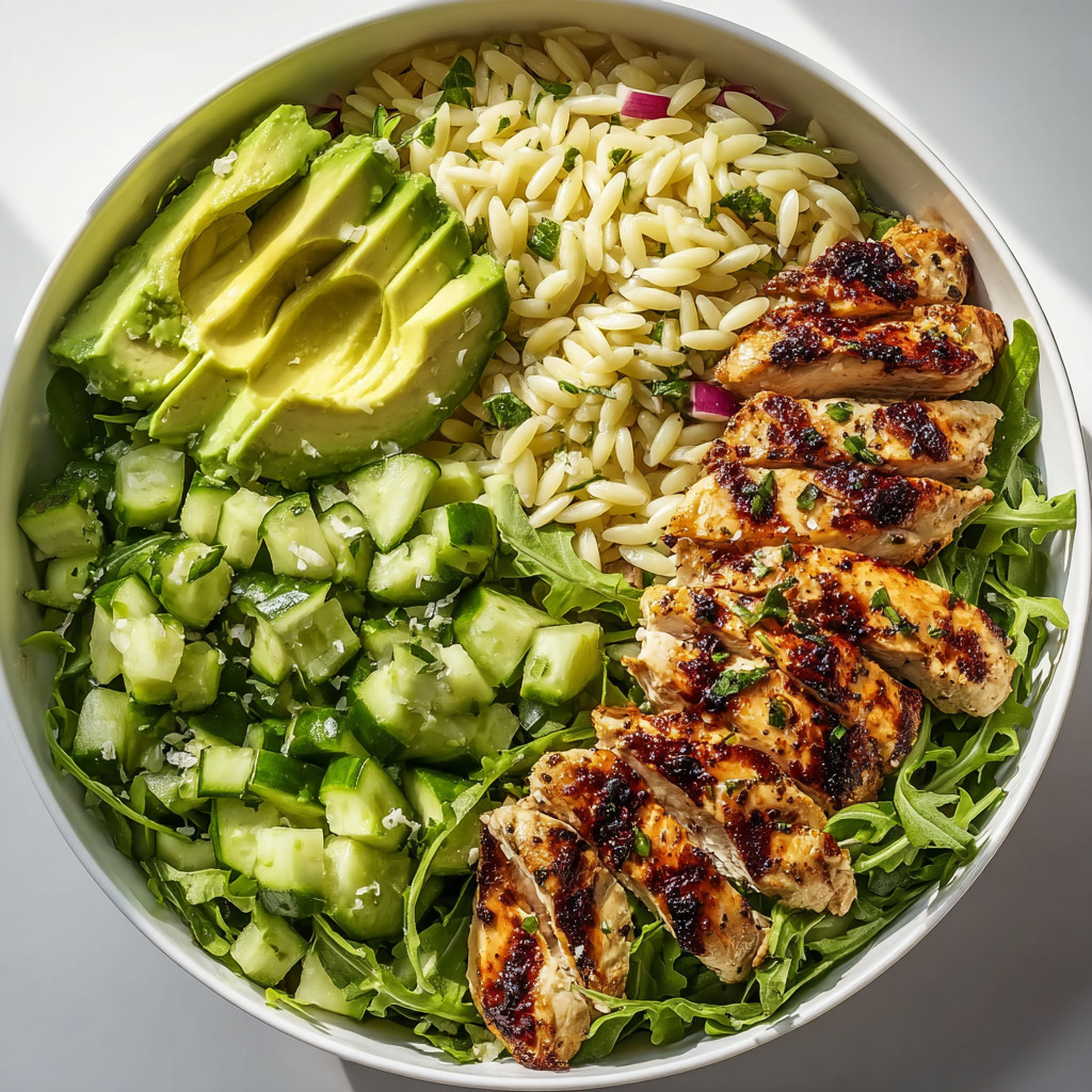 Ein weißer Teller mit einer Mischung aus Avocado, Zwiebeln, Rice, Chicken und Käse.