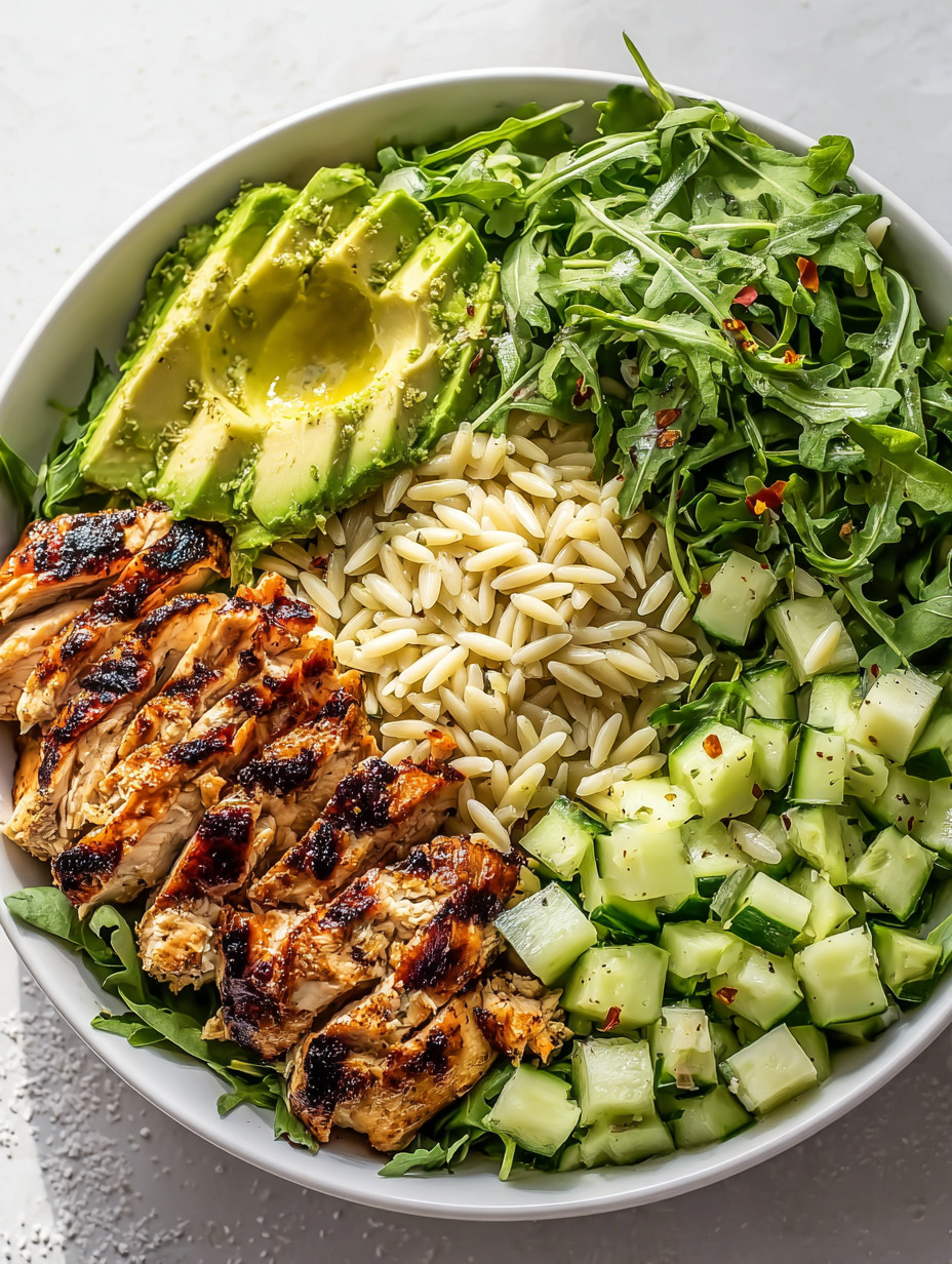 Ein weißer Teller mit einer Mischung aus Rice, Avocado, Linsen, Koriander und Zwiebeln.