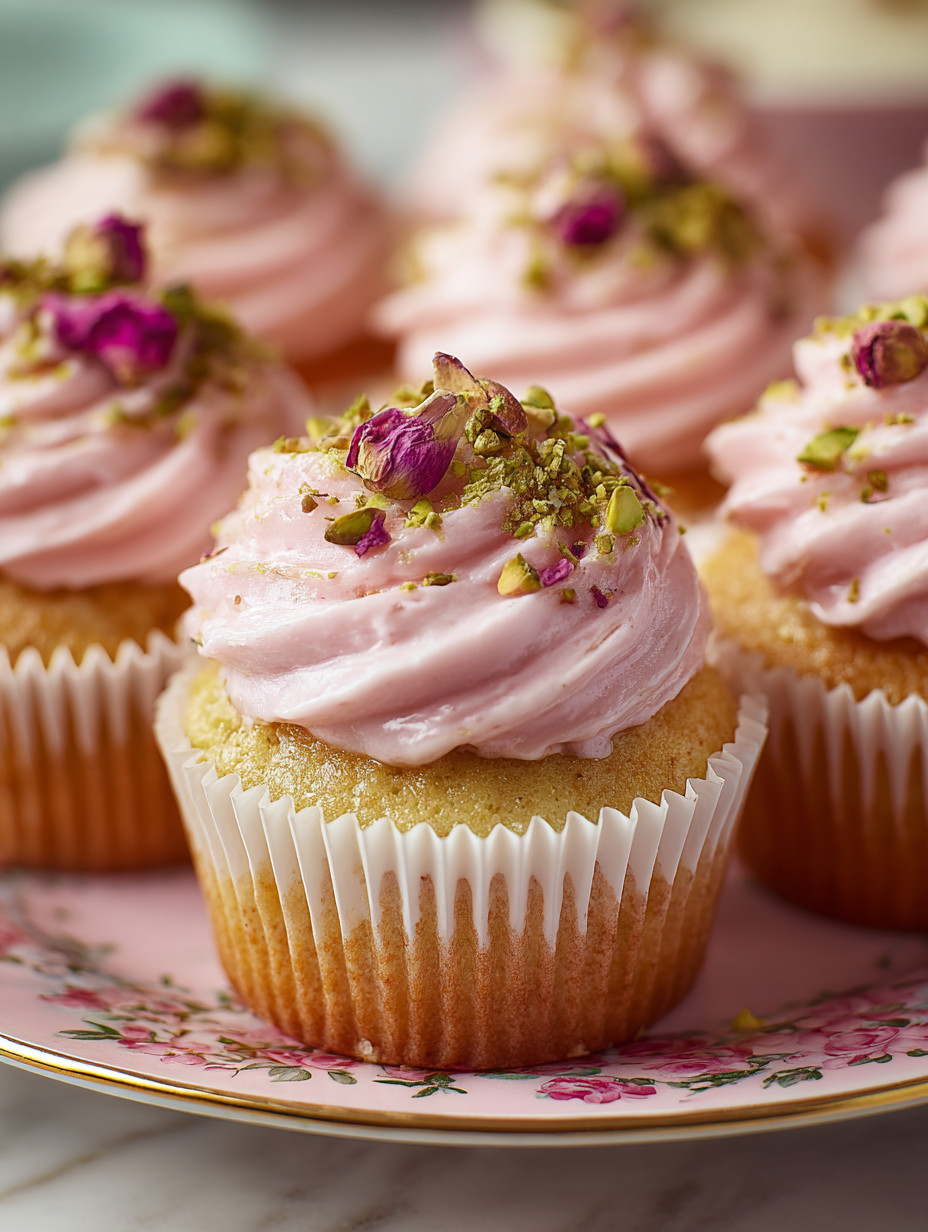 Ein weißer Teller mit einem Cupcake, das mit Pink-Frosting und Pink-Blütenzweigen garniert ist.