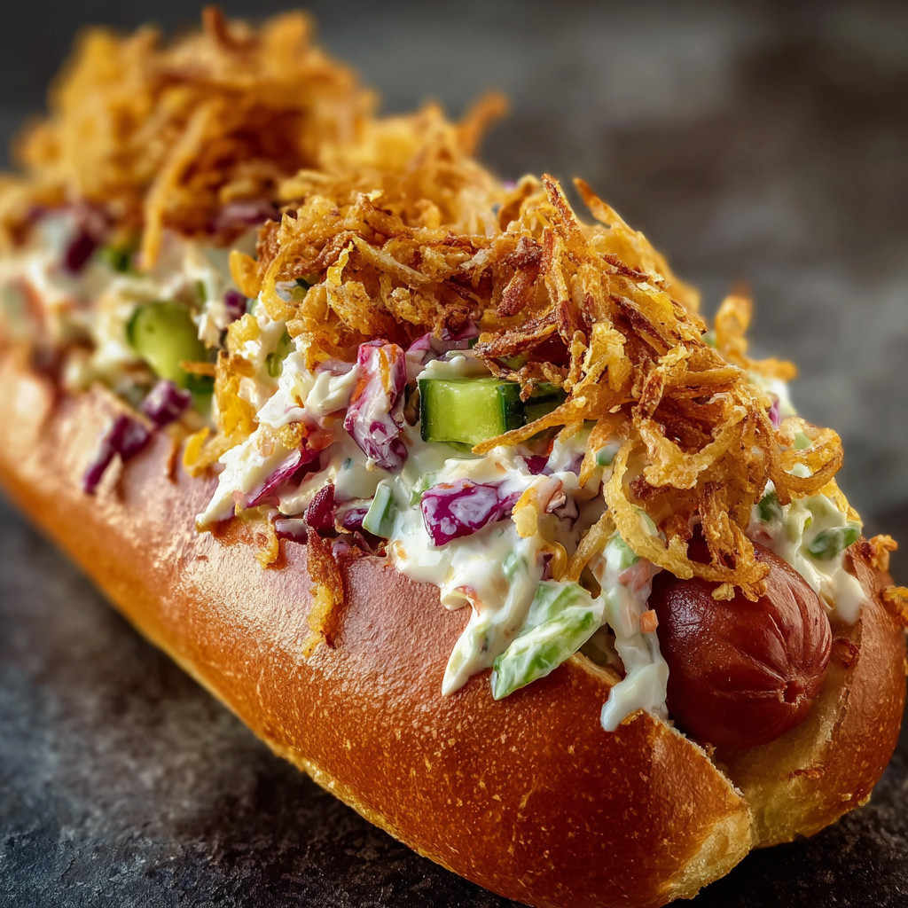 Ein Hotdog mit Ketchup, Mayonnaise und Zwiebeln.