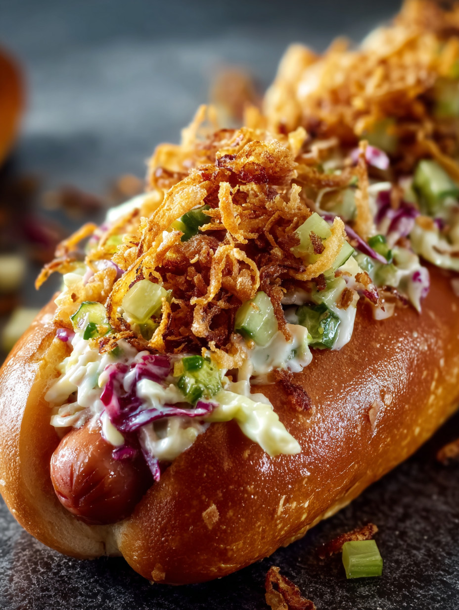 Ein Hotdog mit Ketchup, Mayonnaise und Zwiebeln.