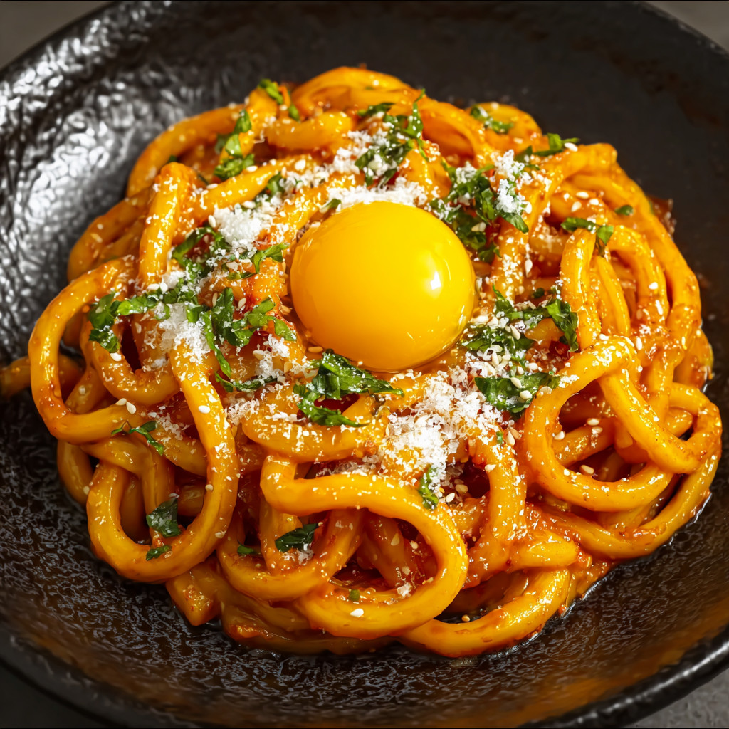 Ein schönes Gericht aus Spaghetti mit Ei und Parmesan.