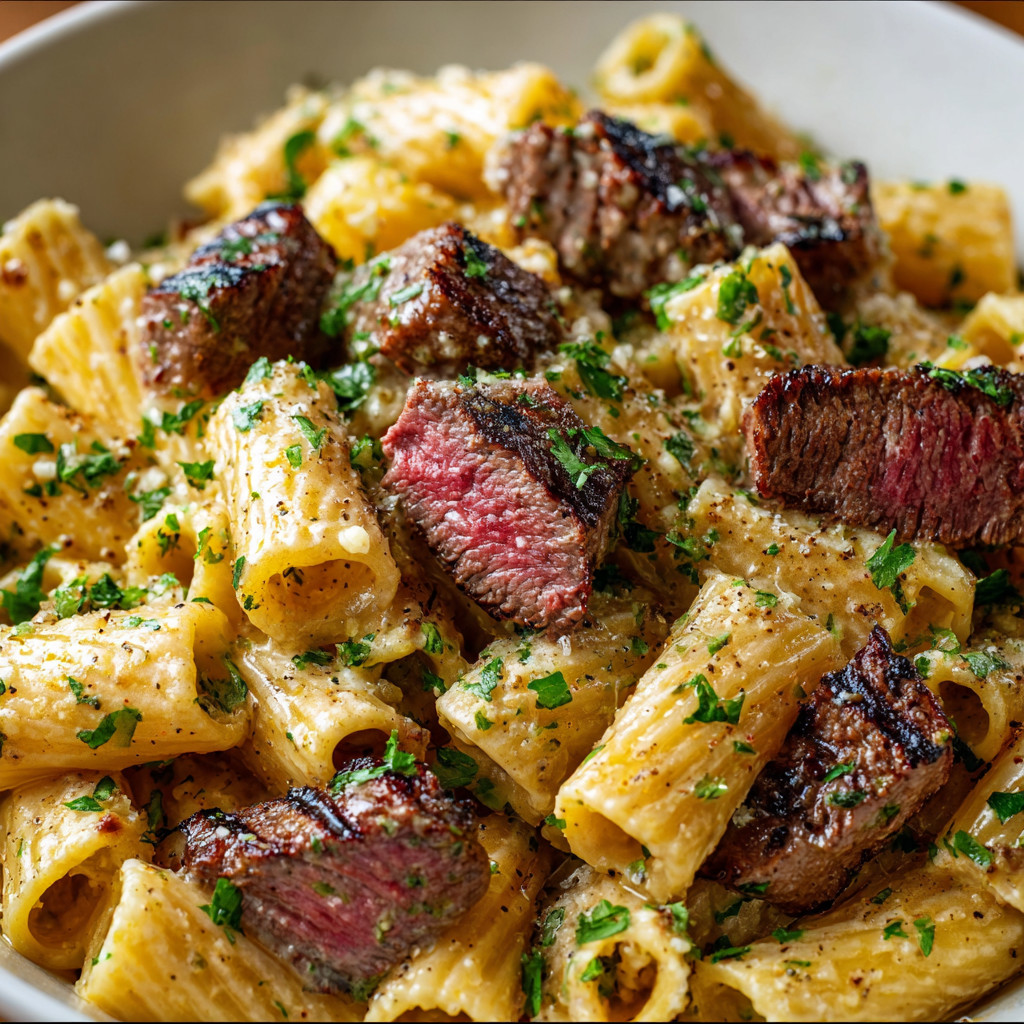 Ein Schüssel mit Pasta, Käse, Steak und Parsley.