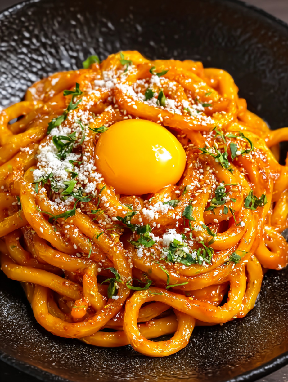 Eine Schüssel mit Pasta, die mit Eiern und Kräutern garniert ist.