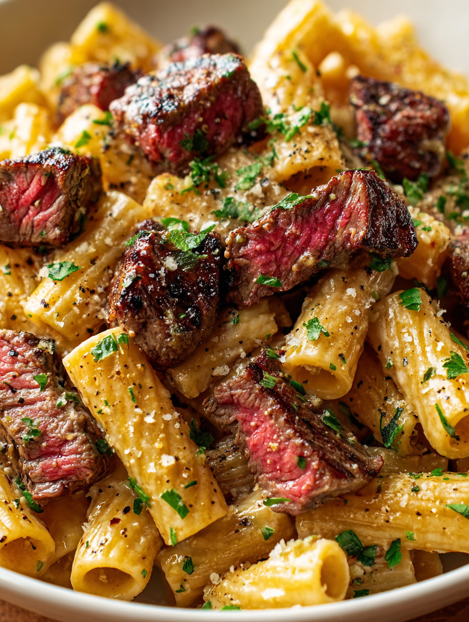 Eine Schüssel mit Pasta und Steak, garniert mit Parsley.