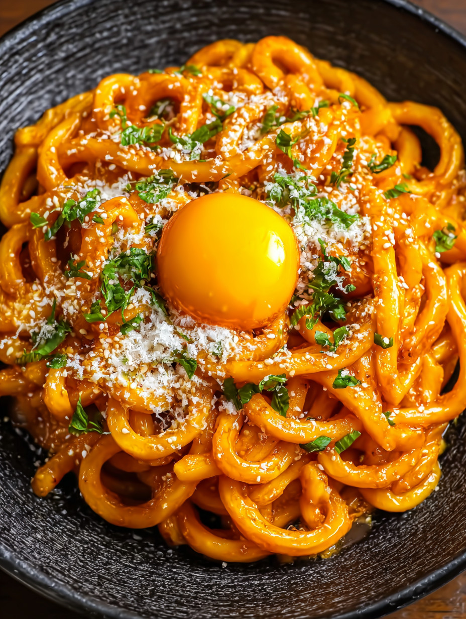 Ein Bild von einer Pasta-Garnitur mit einem Ei in der Mitte.