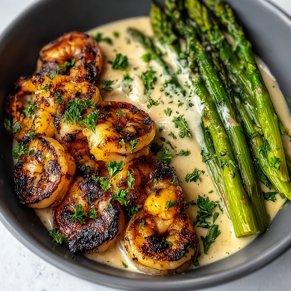 Ein Schalen mit gegrilltem Shrimp und Asparagus.