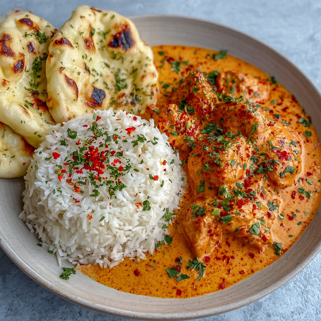 Ein weißer Teller mit einer Mischung aus Rice, Curry und Kichererbsen.