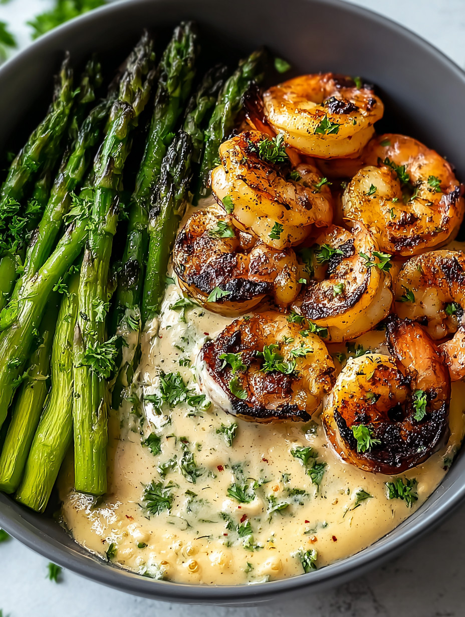 Ein Schmelztopf mit Shrimp, Asparagus und Zwiebeln.