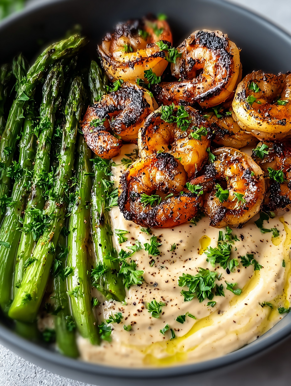 Ein Schmelztopf mit grünen Asparagus, schwarzen Zwiebeln und schwarzen Shrimp.
