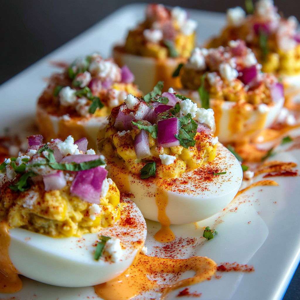 Eine Platte mit sechs Eiern, die mit Käse, Zwiebeln und Tomaten garniert sind.