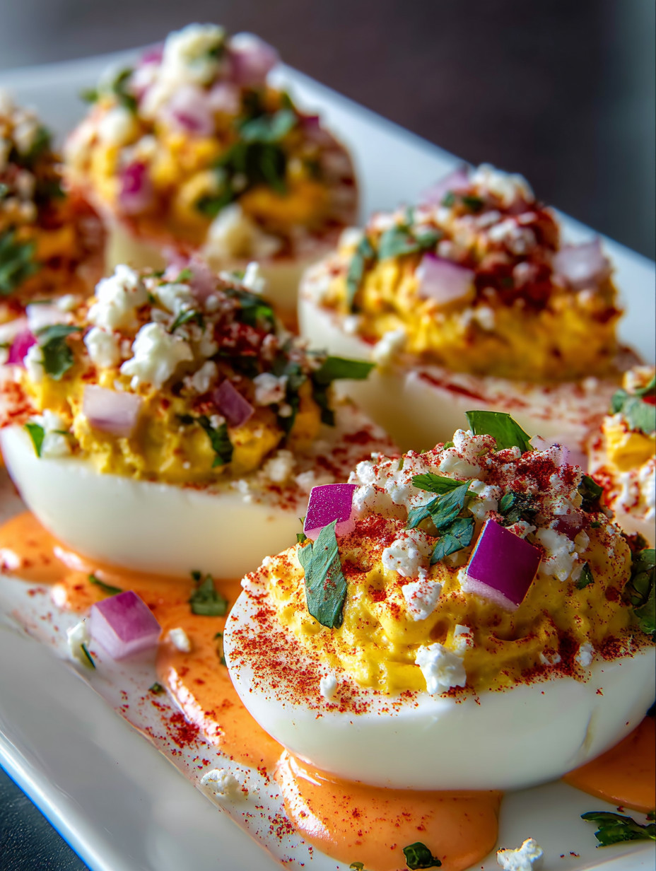 Eine Platte mit sechs Eiern auf einem Teller. Jede Ei hat eine unterschiedliche Zutatenmischung.