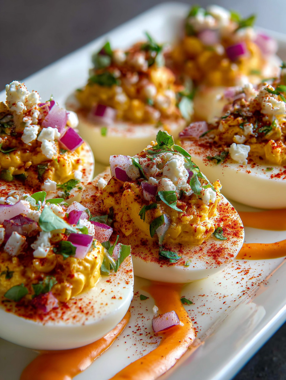 Eine Platte mit sechs Eiern, die mit Käse, Tomaten, Paprika und Zwiebeln garniert sind.