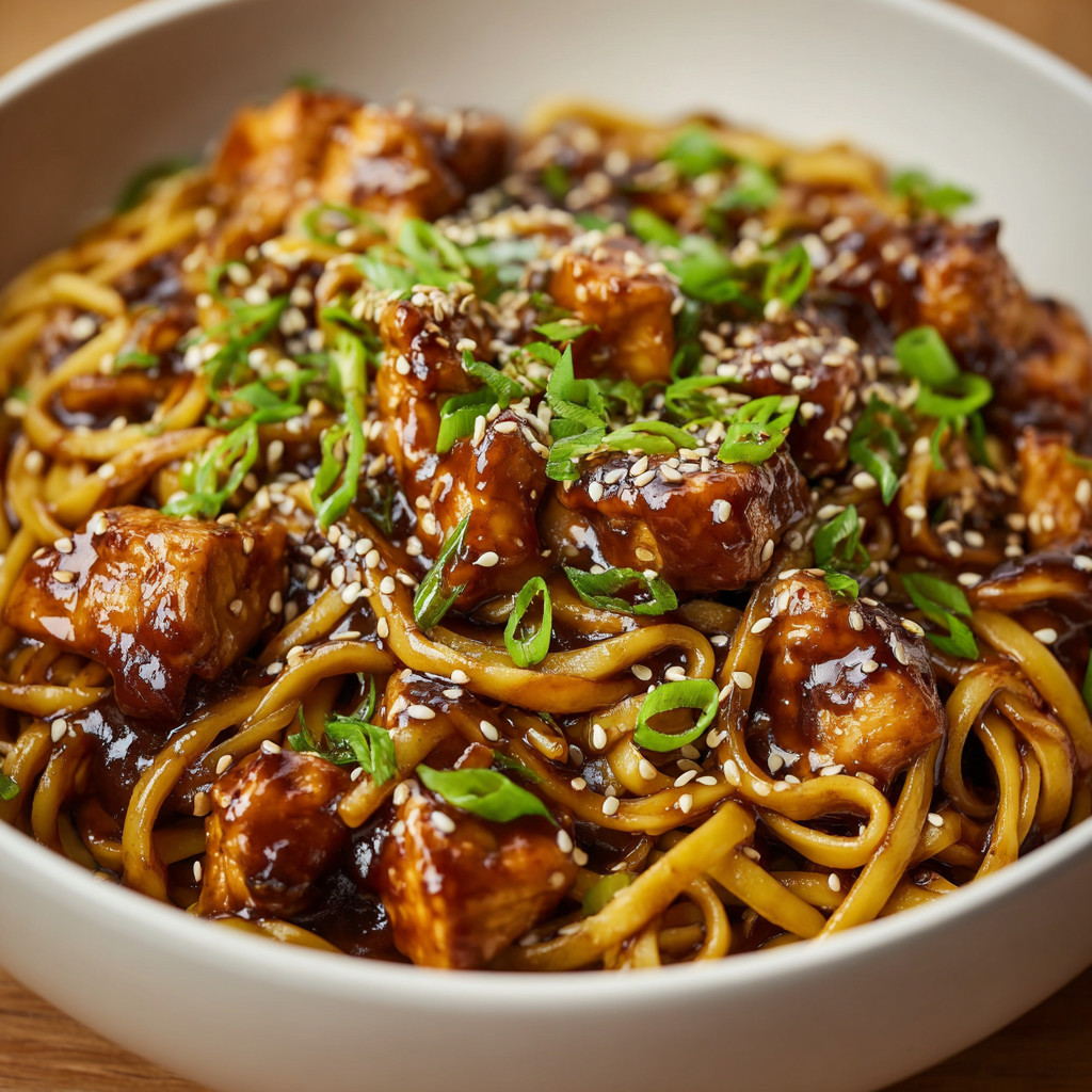 Ein weißer Teller mit einer Mischung aus Hühnchen, Reis und Zwiebeln.