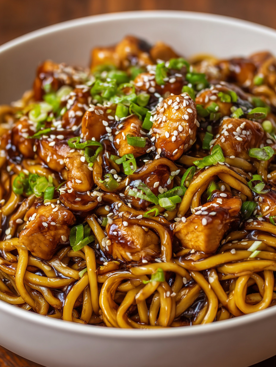 Ein großes, dickes Stir-Fry-Gericht mit vielen Zwiebeln und Hühnchen in einer weißen Schüssel.