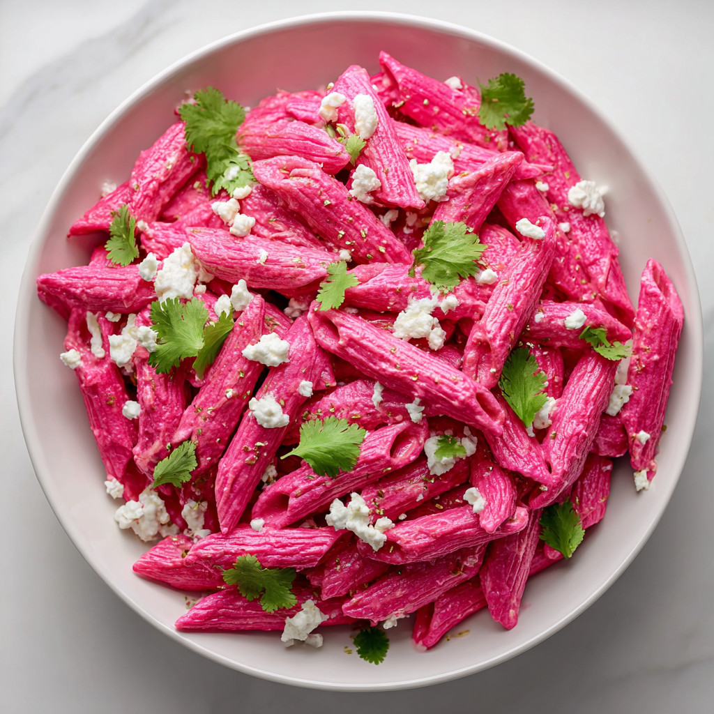 Ein weißer Teller mit einer Mischung aus Pasta, Tomaten, Basilikum und Feta-Käse.