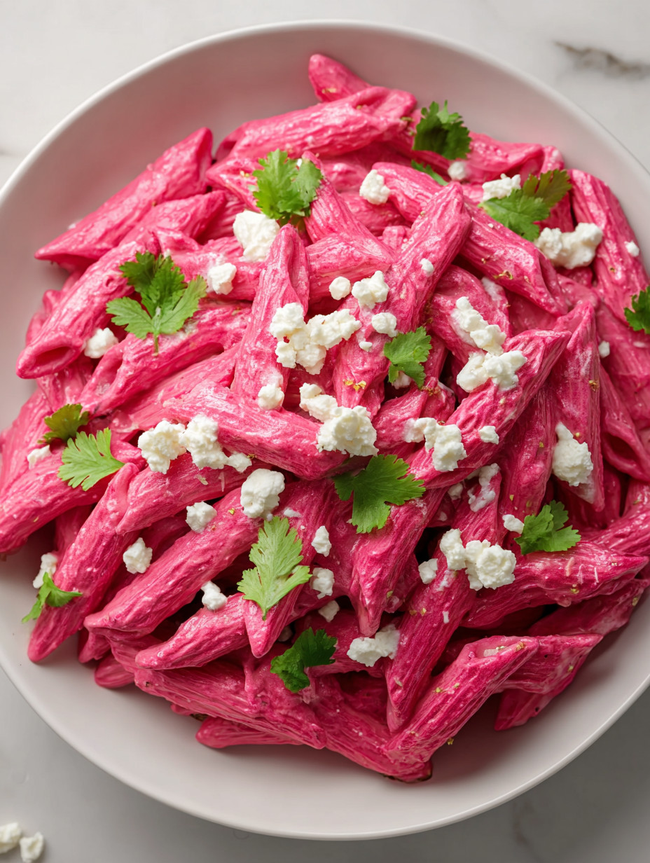 Ein weißer Teller mit einer Mischung aus Pasta, Käse und Zwiebeln.