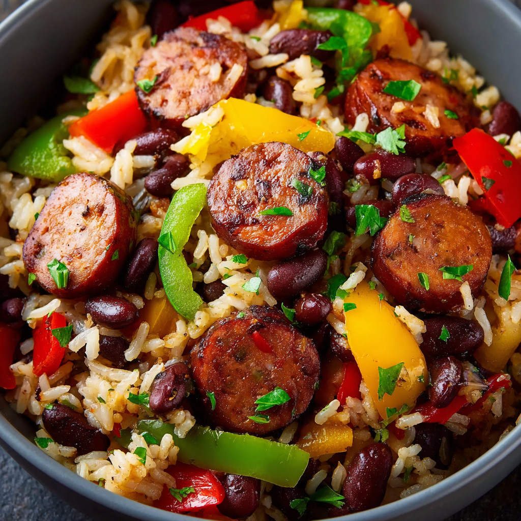 Ein Schälchen mit Rice, Kartoffeln, Tomaten, Paprika, Zwiebeln und Sausage.